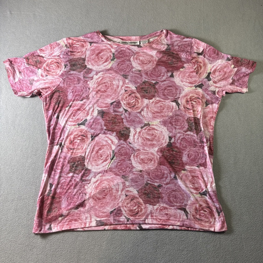 Cathy Daniels Womens Top Size Medium Pink Floral Rose Print Short Sleeve Tee